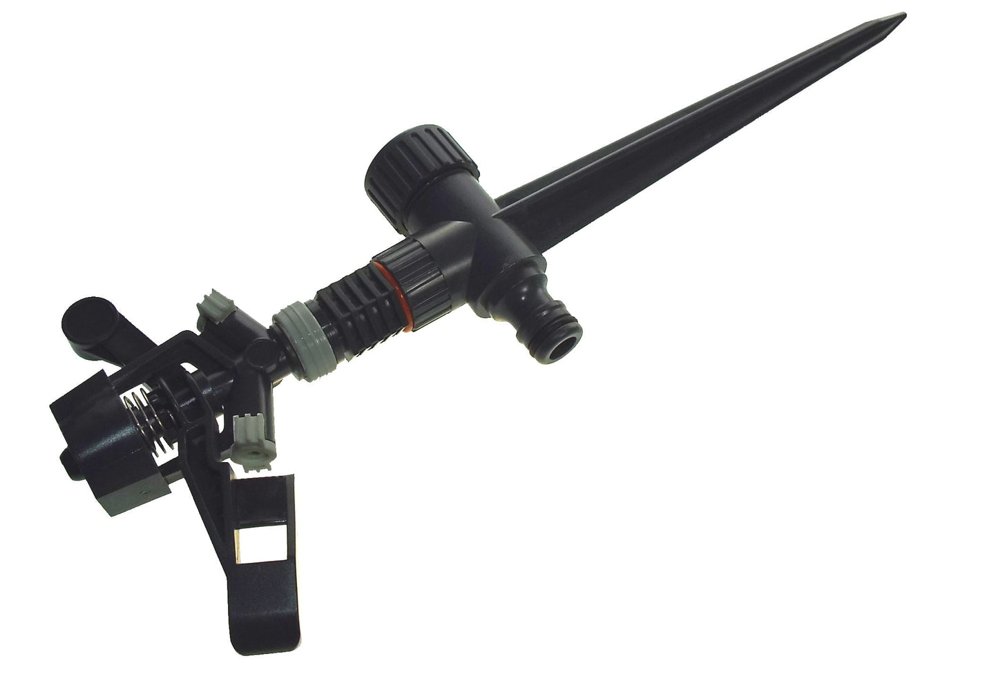 Side view of black spike sprinkler with clamp arms and adjustable nozzle