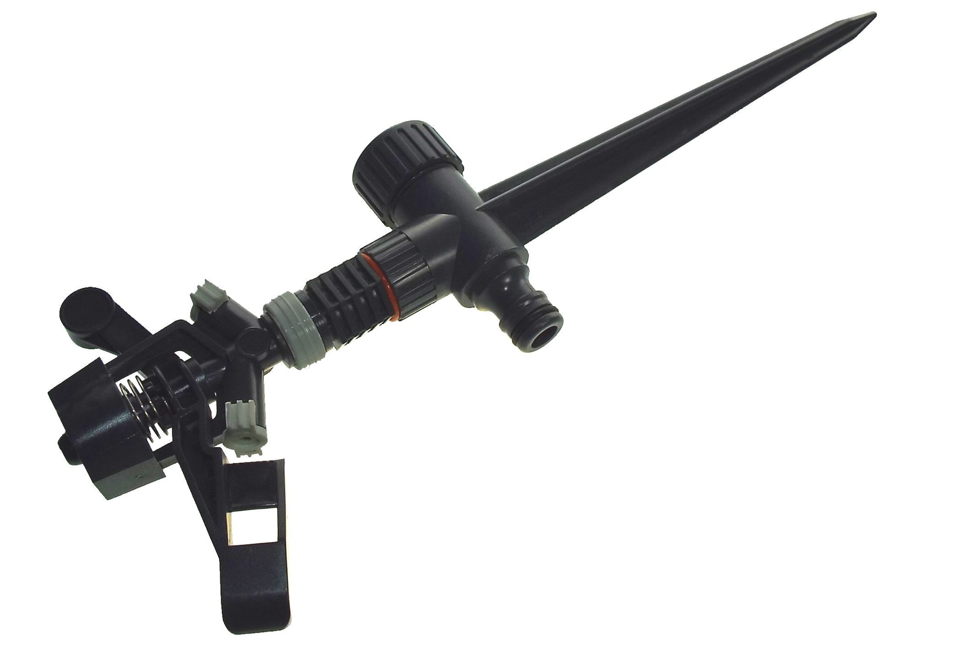 Side view of black spike sprinkler with clamp arms and adjustable nozzle