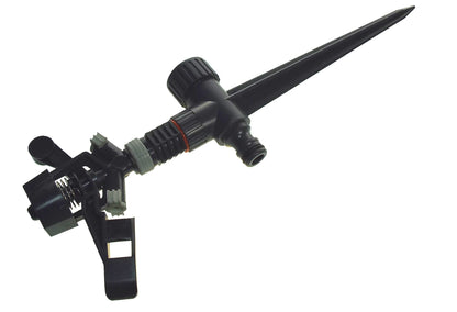 Side view of black spike sprinkler with clamp arms and adjustable nozzle