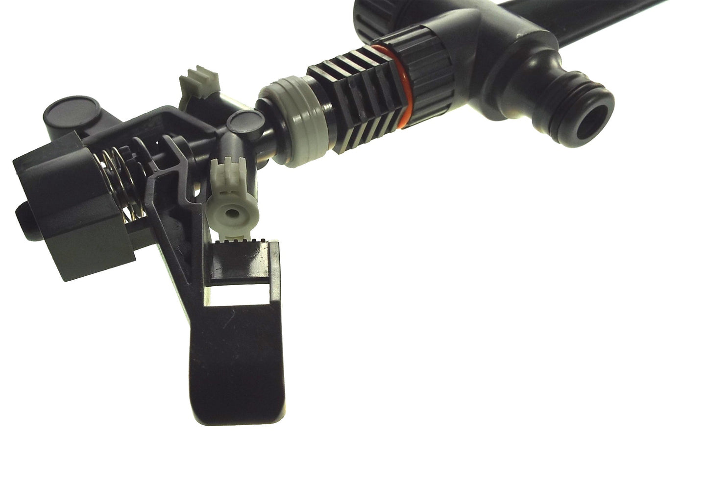 Bottom close-up of black spike sprinkler with hose connection and spring clamp
