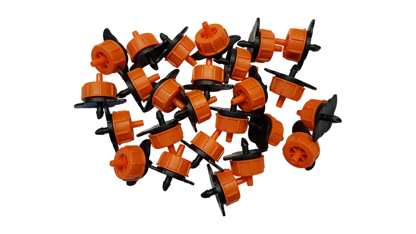 Pack of orange Turbo Dripper non-pressure compensating outlets with black caps