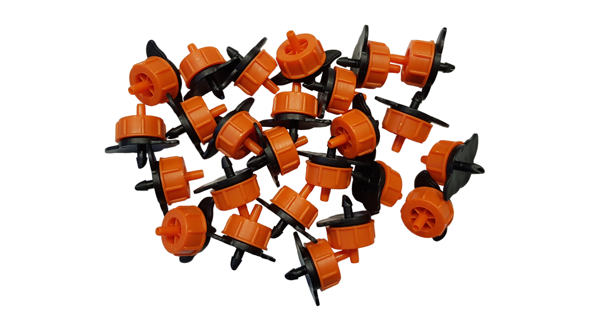 Pack of orange Turbo Dripper non-pressure compensating outlets with black caps