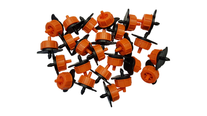 Pack of orange Turbo Dripper non-pressure compensating outlets with black caps