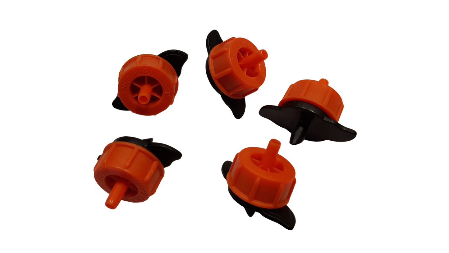 Five Turbo Dripper non-pressure compensating outlets, orange with black mounting legs