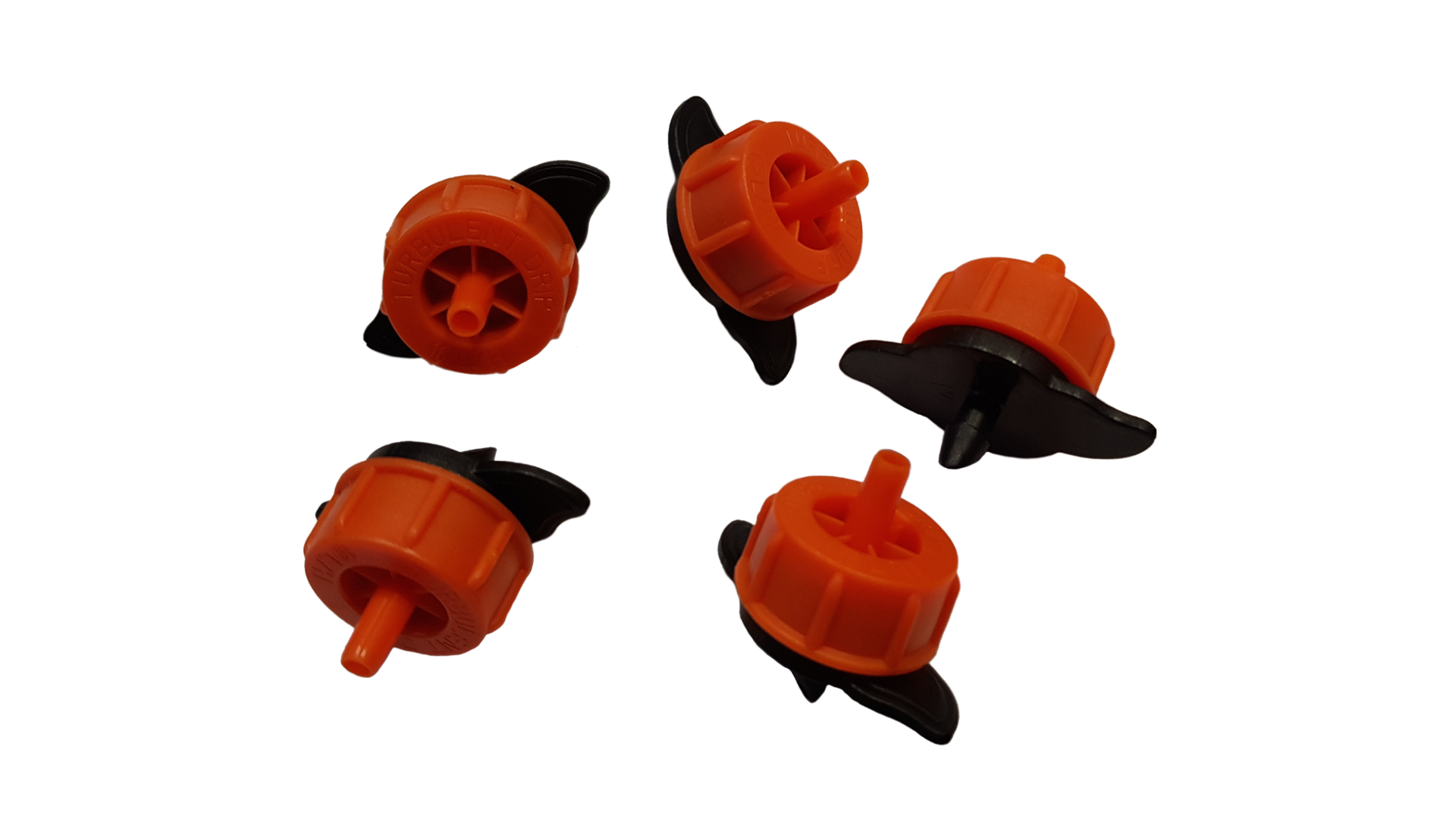 Five Turbo Dripper non-pressure compensating outlets, orange with black mounting legs
