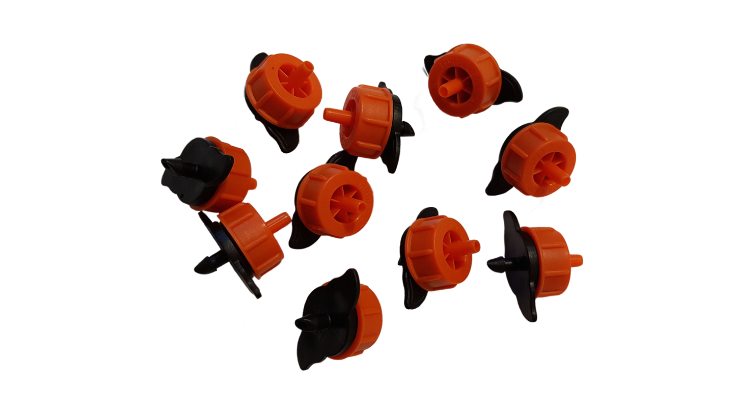 Assorted Turbo Dripper outlets showing orange caps and black insert screens