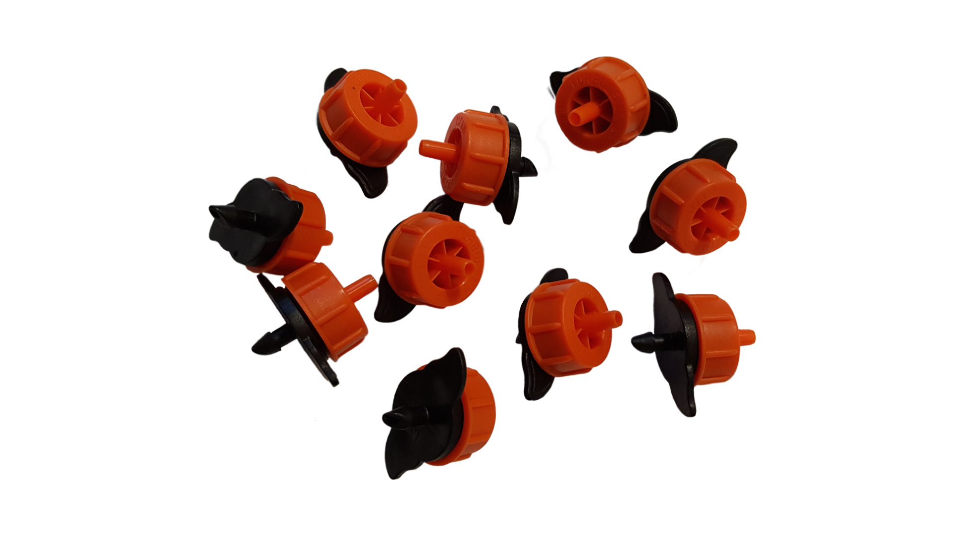 Assorted Turbo Dripper outlets showing orange caps and black insert screens