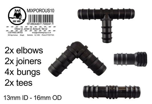 Mix de raccords barbelés 1/2" poreux, avec coudes, raccords, tees et bouchons