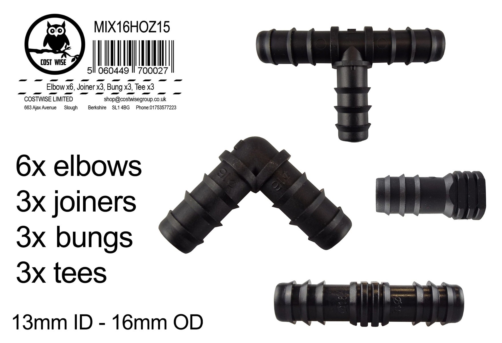 Mix Barb Connectors 1/2", set of elbows, joiners, tees and bungs, black