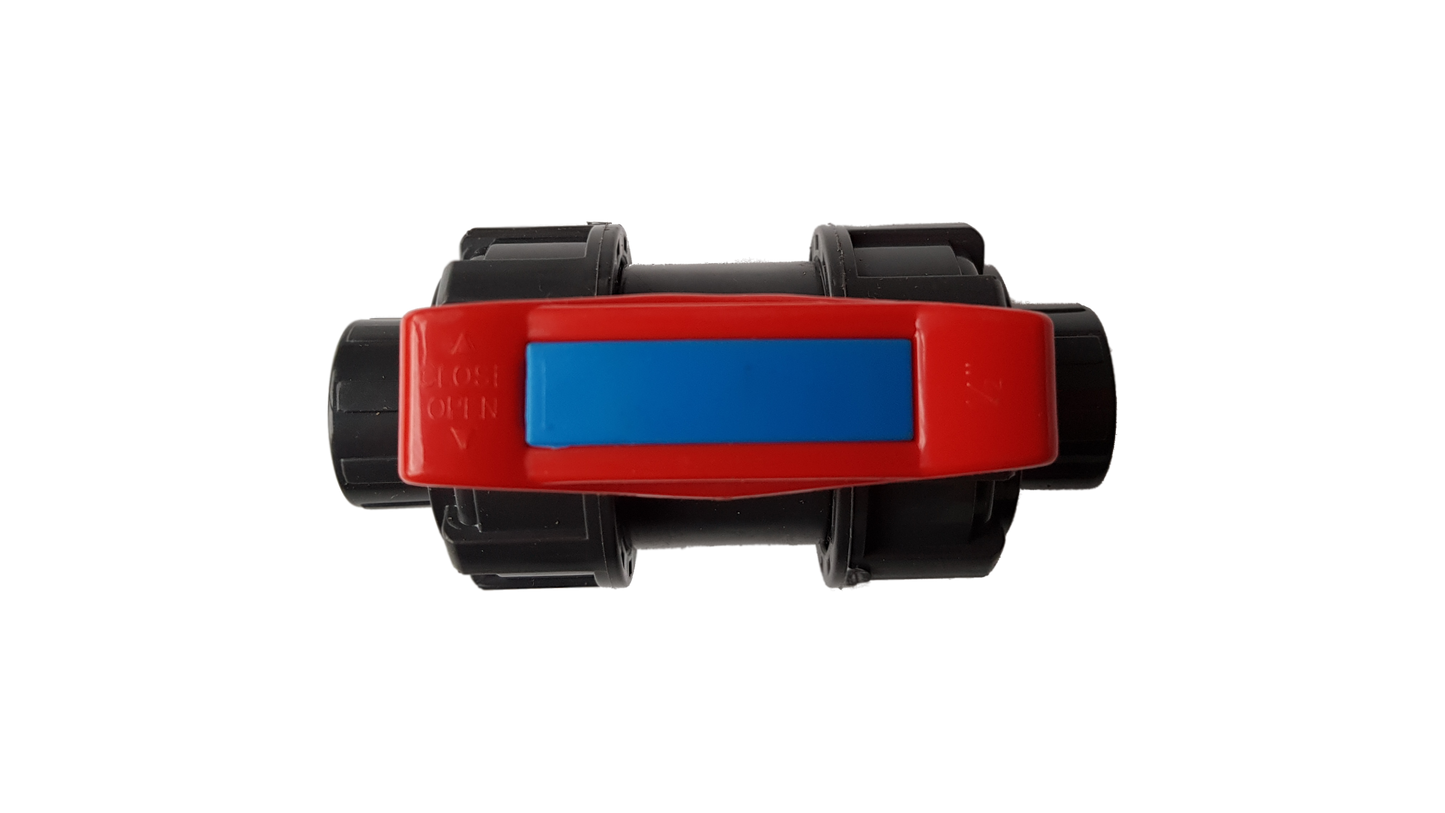 PVC stopcock front view with red/blue lever and double-union fittings
