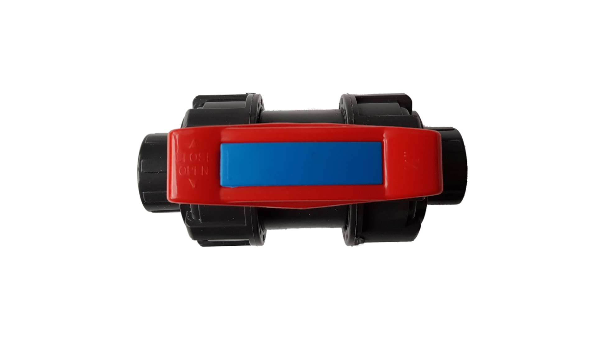PVC stopcock front view with red/blue lever and double-union fittings