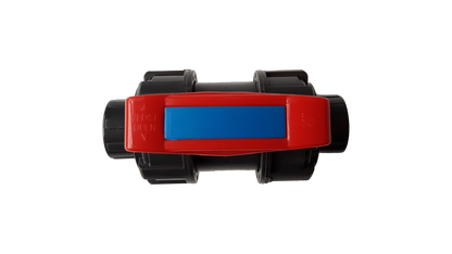 PVC stopcock front view with red/blue lever and double-union fittings