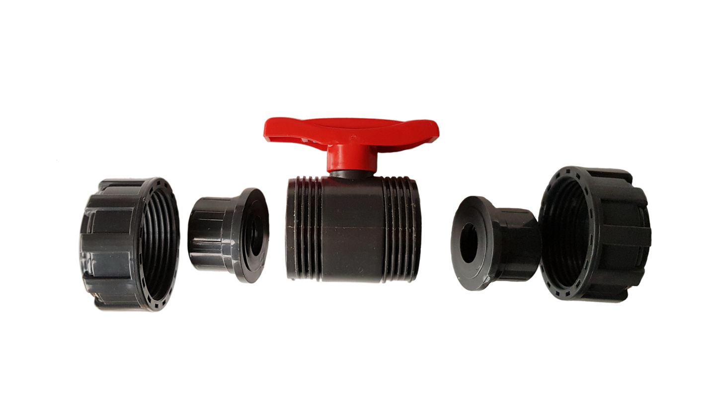 PVC stopcock with red lever and dark BSPF threaded ends, double-union style