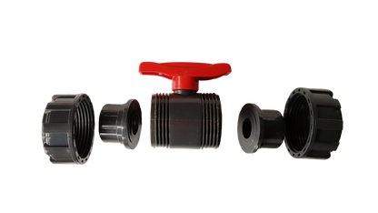 PVC stopcock with red lever and dark BSPF threaded ends, double-union style