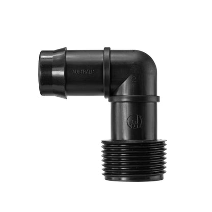 IBC outlet elbow: black plastic with barbed male end and threaded section