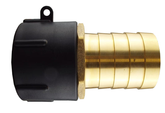 IBC cap with black plastic housing and brass 50mm barb connector