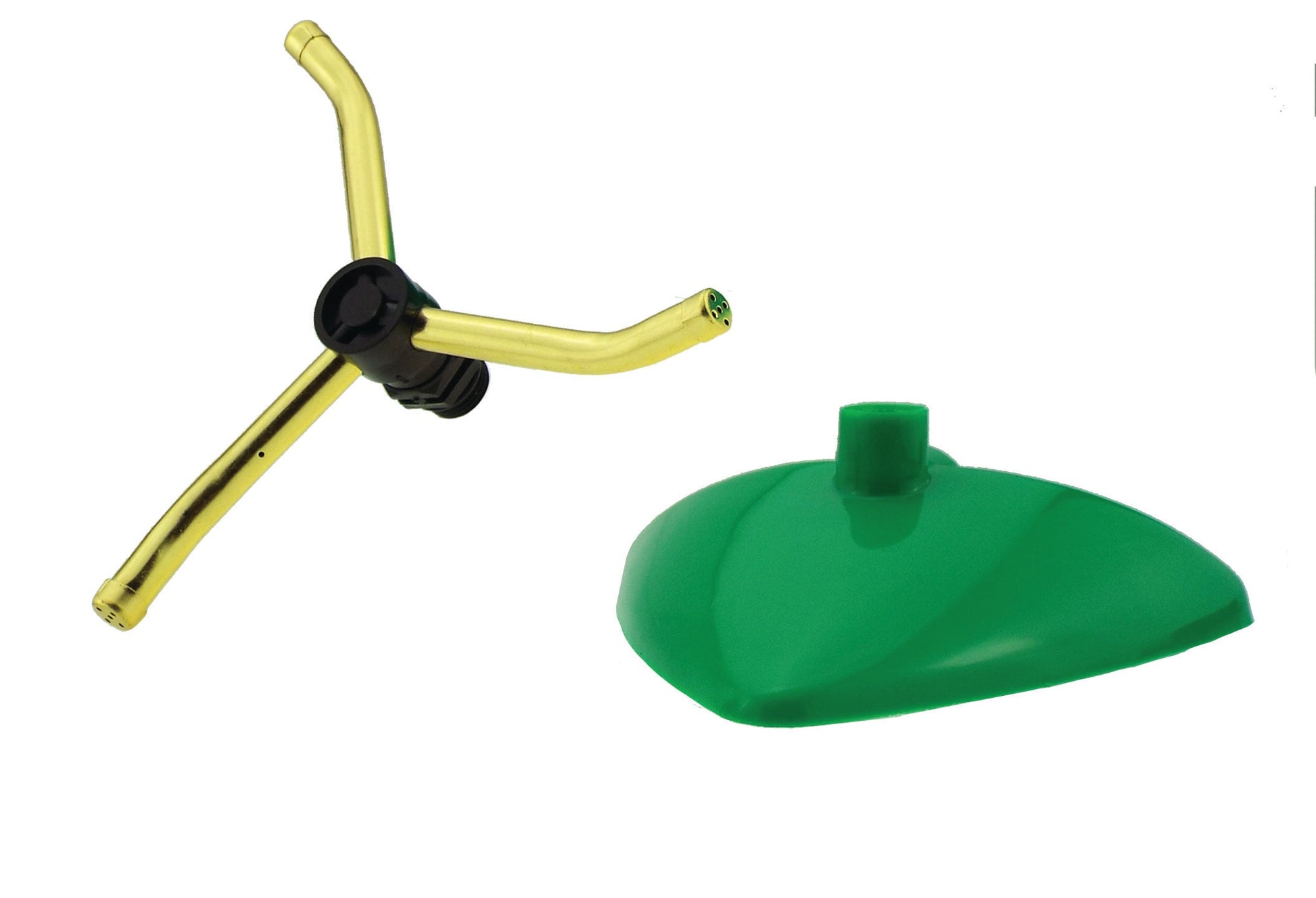 Green leaf sprinkler with three brass arms and black rotary nozzle hub