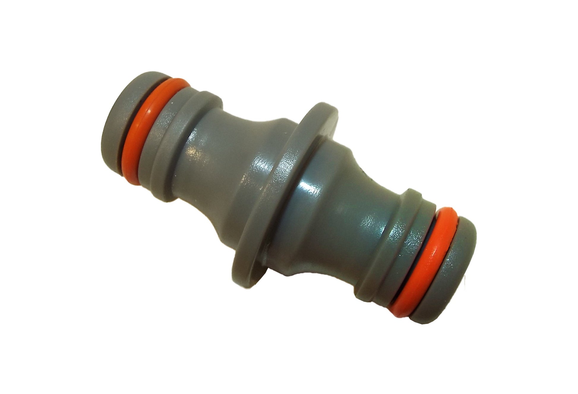 Two-way connector male end, grey barbed fitting with orange O-rings