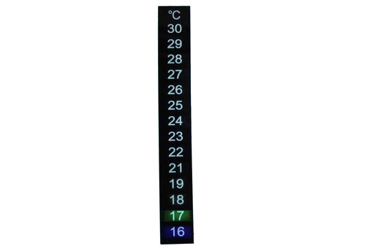 LCD thermometer display with °C scale, 17°C highlighted in green