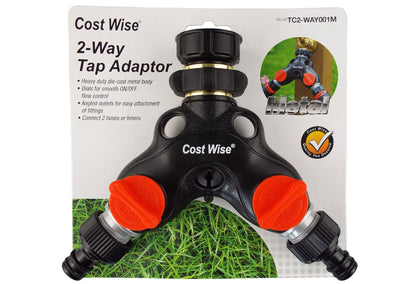 Verpackter 2-Wege Tap Adapter mit zwei orangefarbenen Ventilreglern und Metallkörper