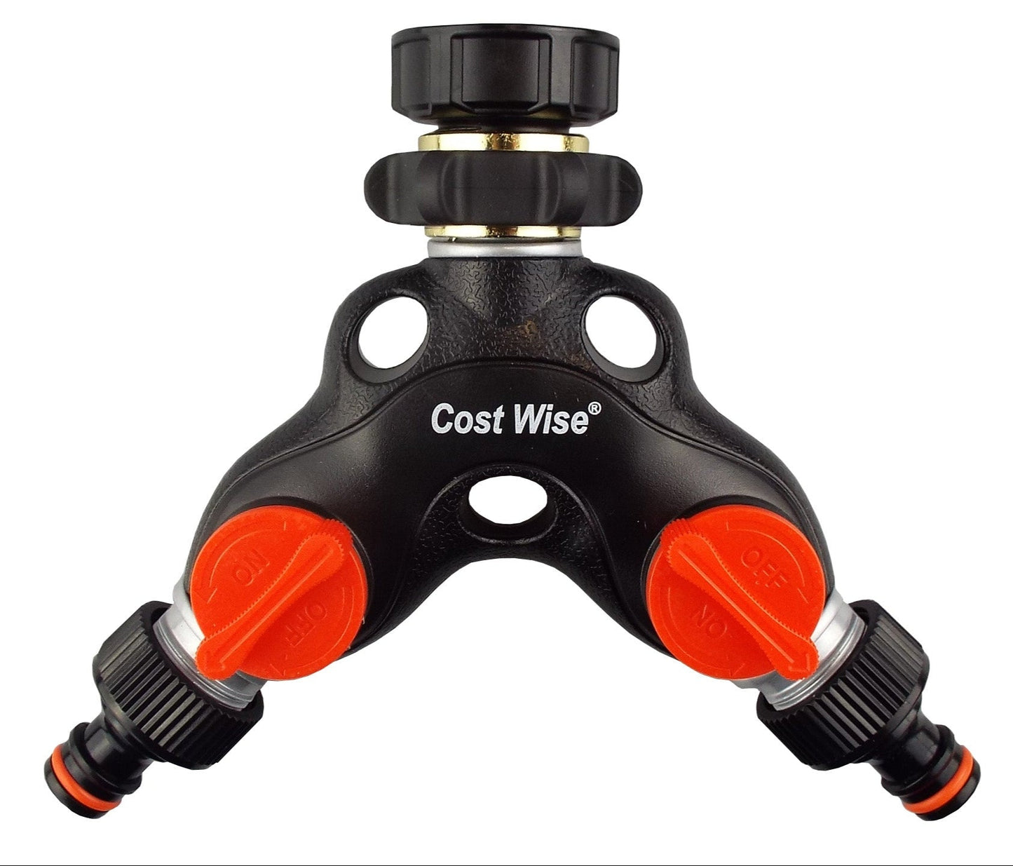 Doppel-Tap Connector, schwarzer Metallkörper mit zwei orangefarbenen Ventilreglern