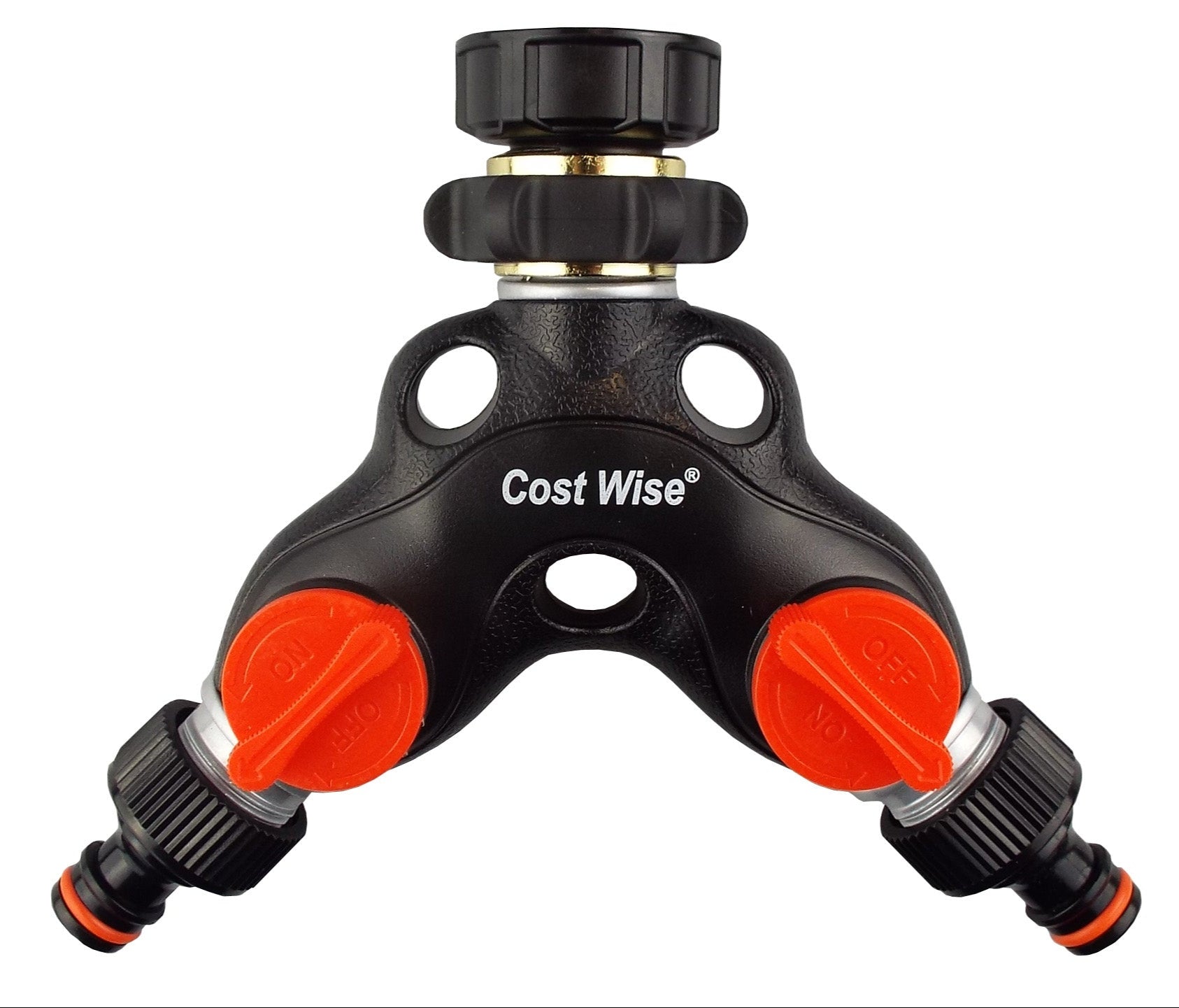 Doppel-Tap Connector, schwarzer Metallkörper mit zwei orangefarbenen Ventilreglern