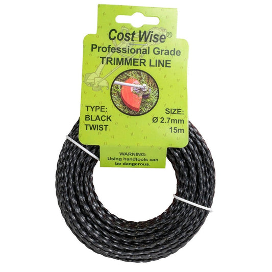 Black twisted strimmer line Ø2.7mm, 15m coil—Professional grade.