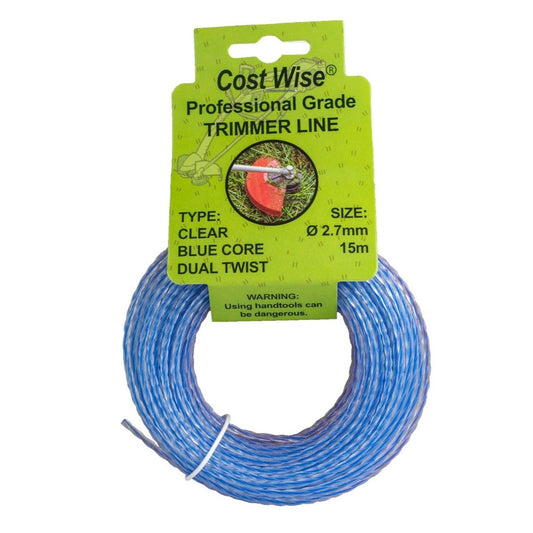 Blue dual-twist strimmer line, 2.7mm x 15m, clear outer with blue core