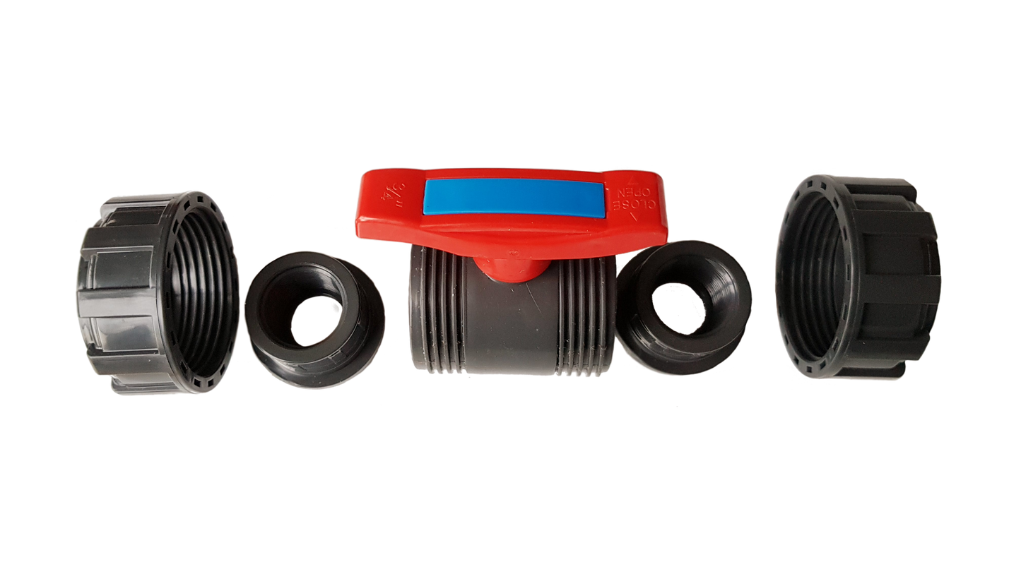 PVC double union stopcock with red handle and two dark threaded ports