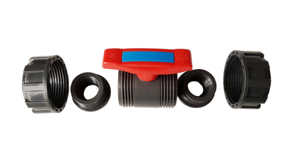 PVC double union stopcock with red handle and two dark threaded ports