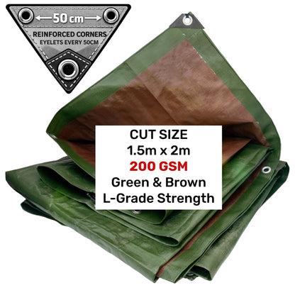 Green/Brown tarpaulin 1.5m x 2m, folded, with eyelets on the green edge