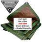 Green & Brown L-grade tarpaulin, folded. Size 8m x 12m, 200gsm.