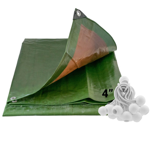 Green/brown L-Grade tarp with grommets, plus 4" white bungee balls