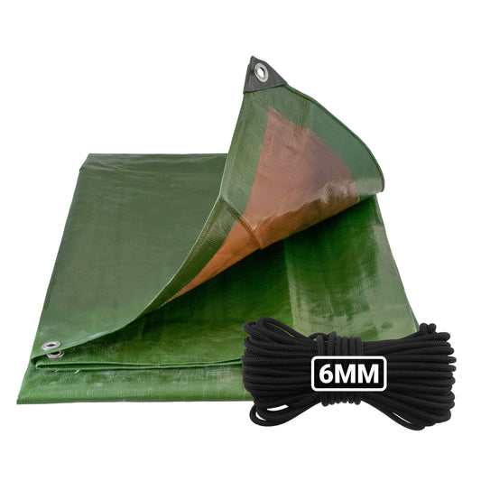 Green/brown tarp with 10m 6mm bungee rope, grommeted corners and tie points