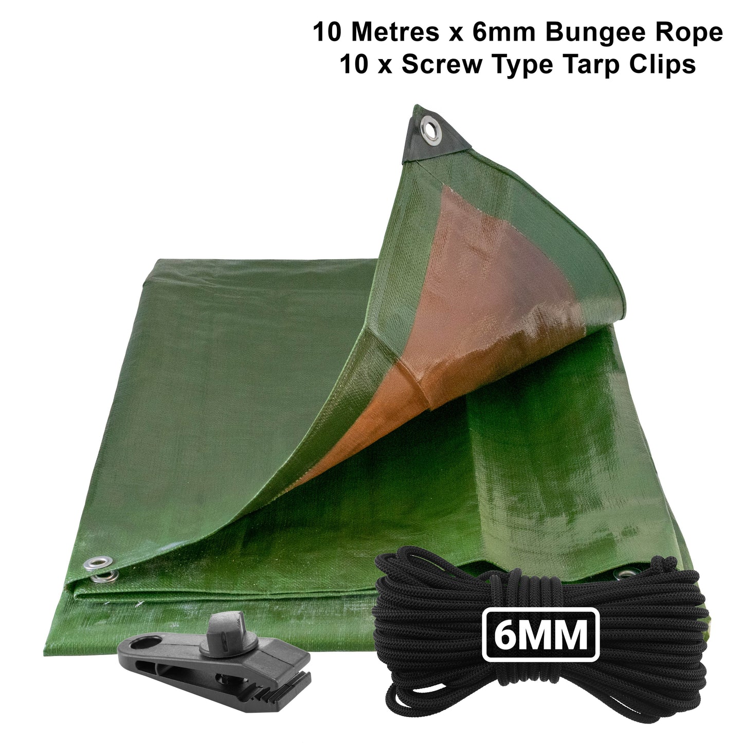 Green/brown L-Grade tarpaulin with 6mm bungee rope and screw tarp clips set