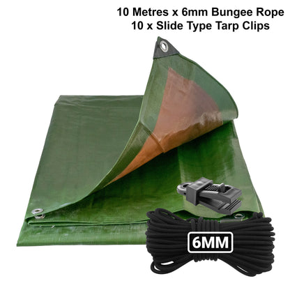 Green/brown L-grade tarpaulin with grommets, 6mm bungee rope and slide tarp clips