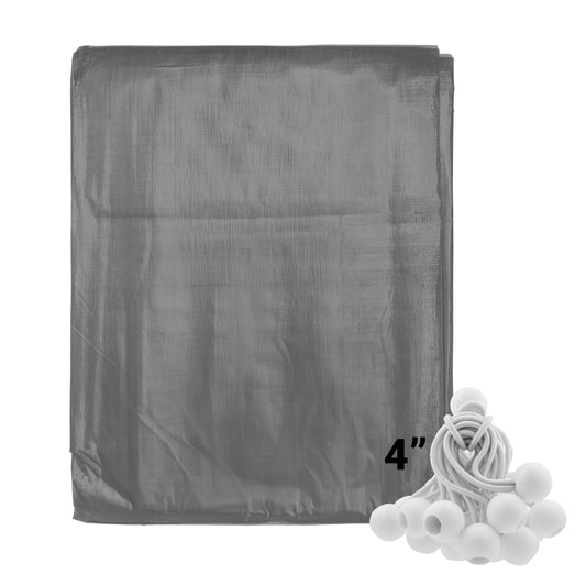 Grey tarpaulin with 20 white 4-in bungee balls, folded