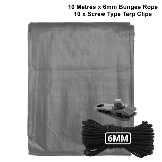 Grey L-grade tarpaulin sheet with 6mm bungee rope and screw tarp clips