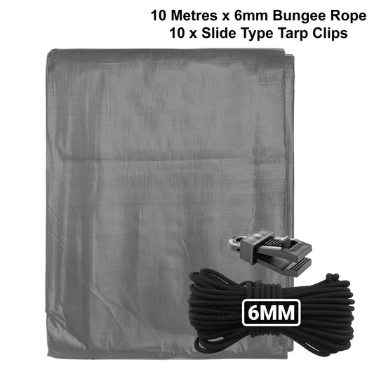 Grey L-grade tarpaulin sheet with 6mm bungee rope and tarp clips set