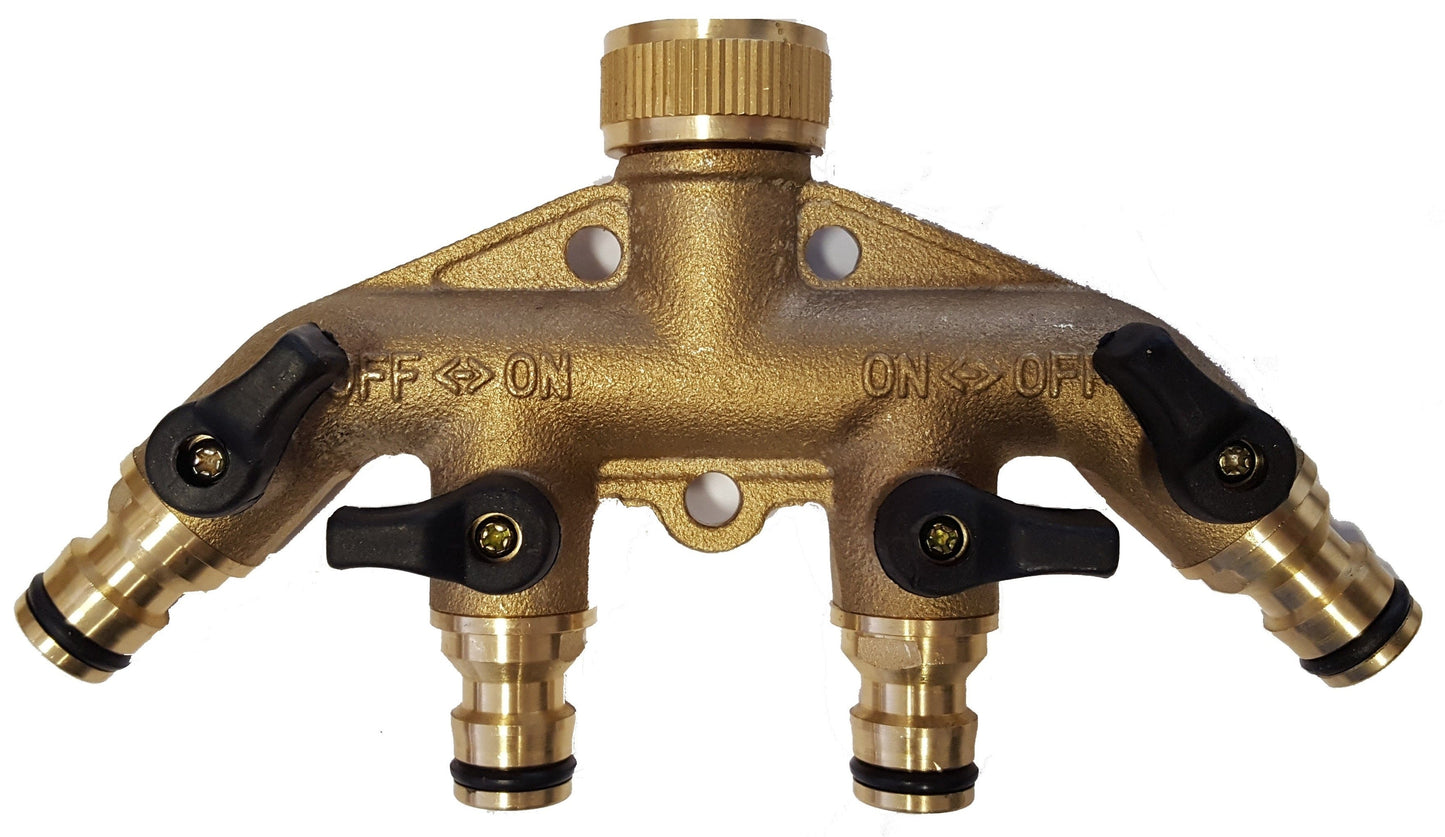 Brass 4-way manifold with ON/OFF markings, snap-on outlets, and lever valves