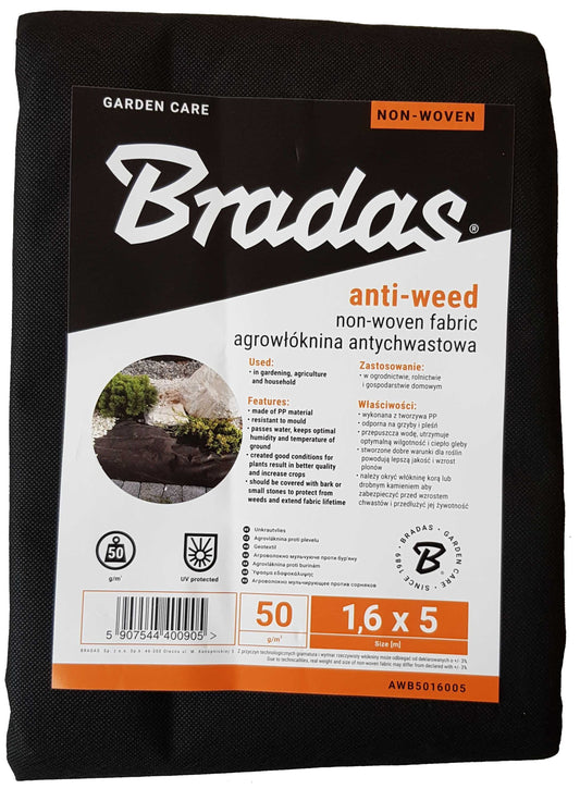 Non-woven weed membrane, 50g, 1.6m x 5m roll pack with anti-weed label