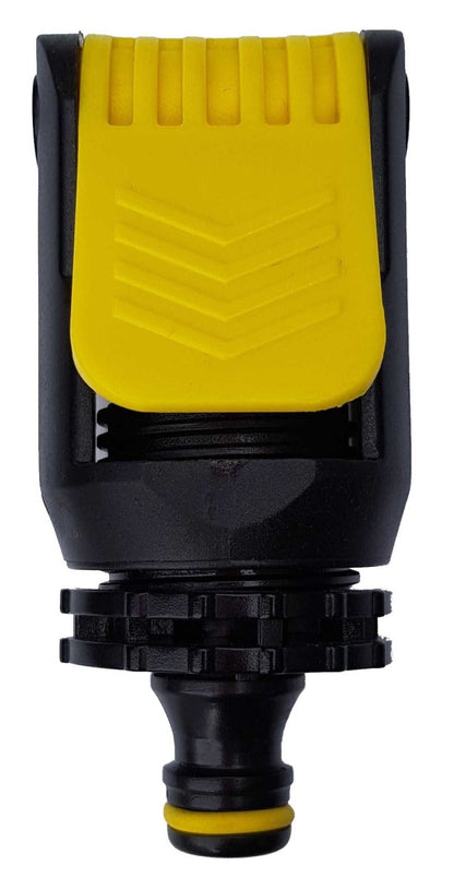 Yellow insert panel on black kitchen tap adaptor, close-up front