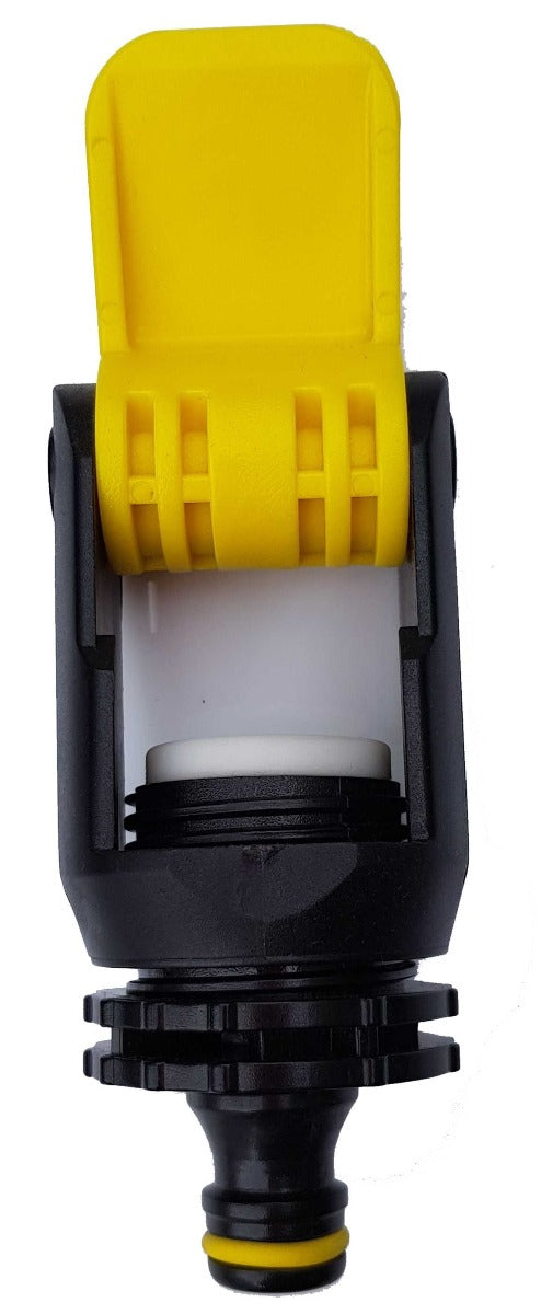 Yellow cap on black kitchen tap adaptor body with inlet connection