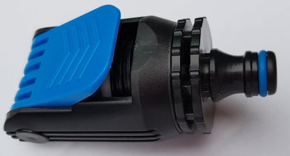 Side view of blue and black kitchen tap adaptor with threaded outlet end