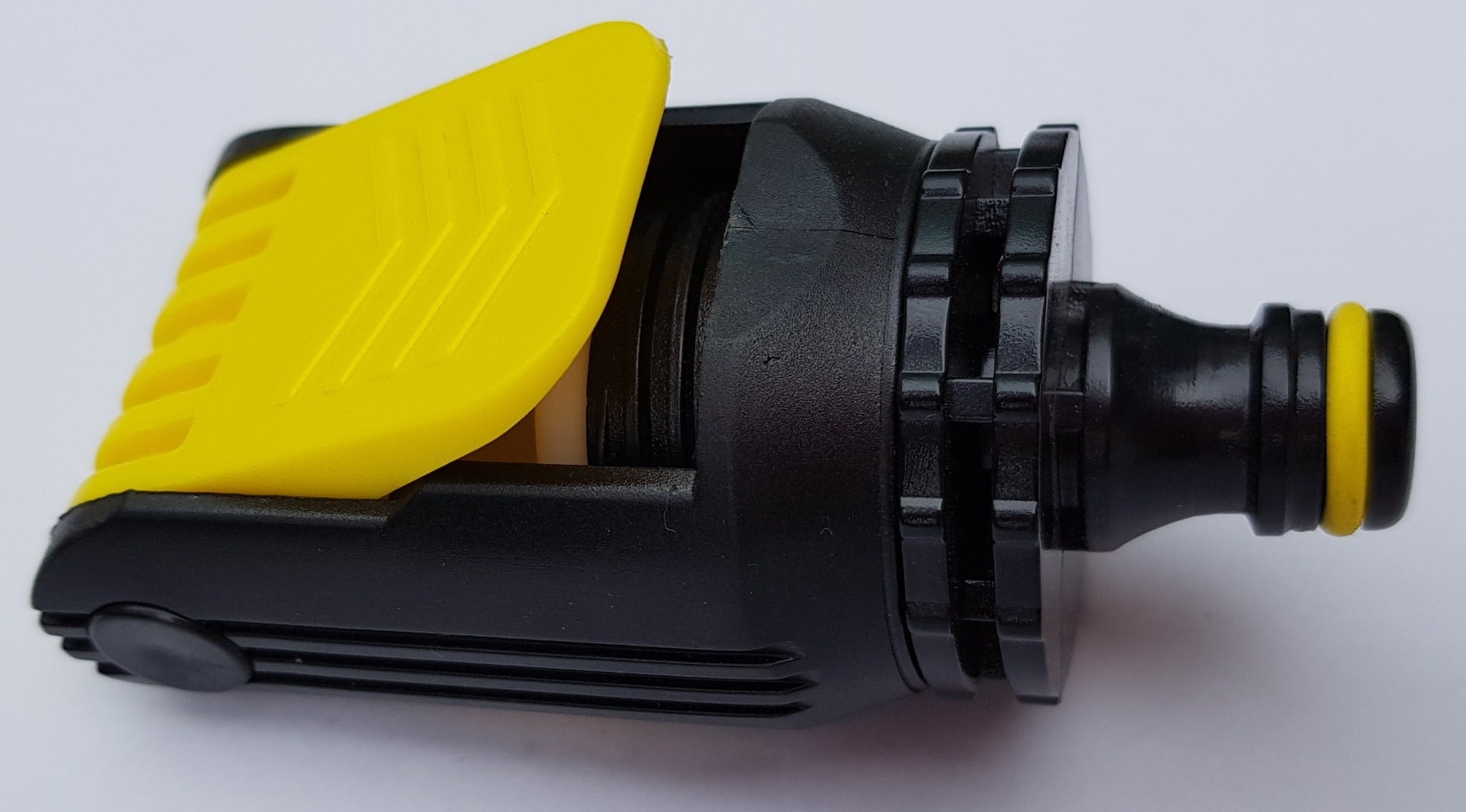 Side view of yellow-and-black kitchen tap adaptor with threaded outlet