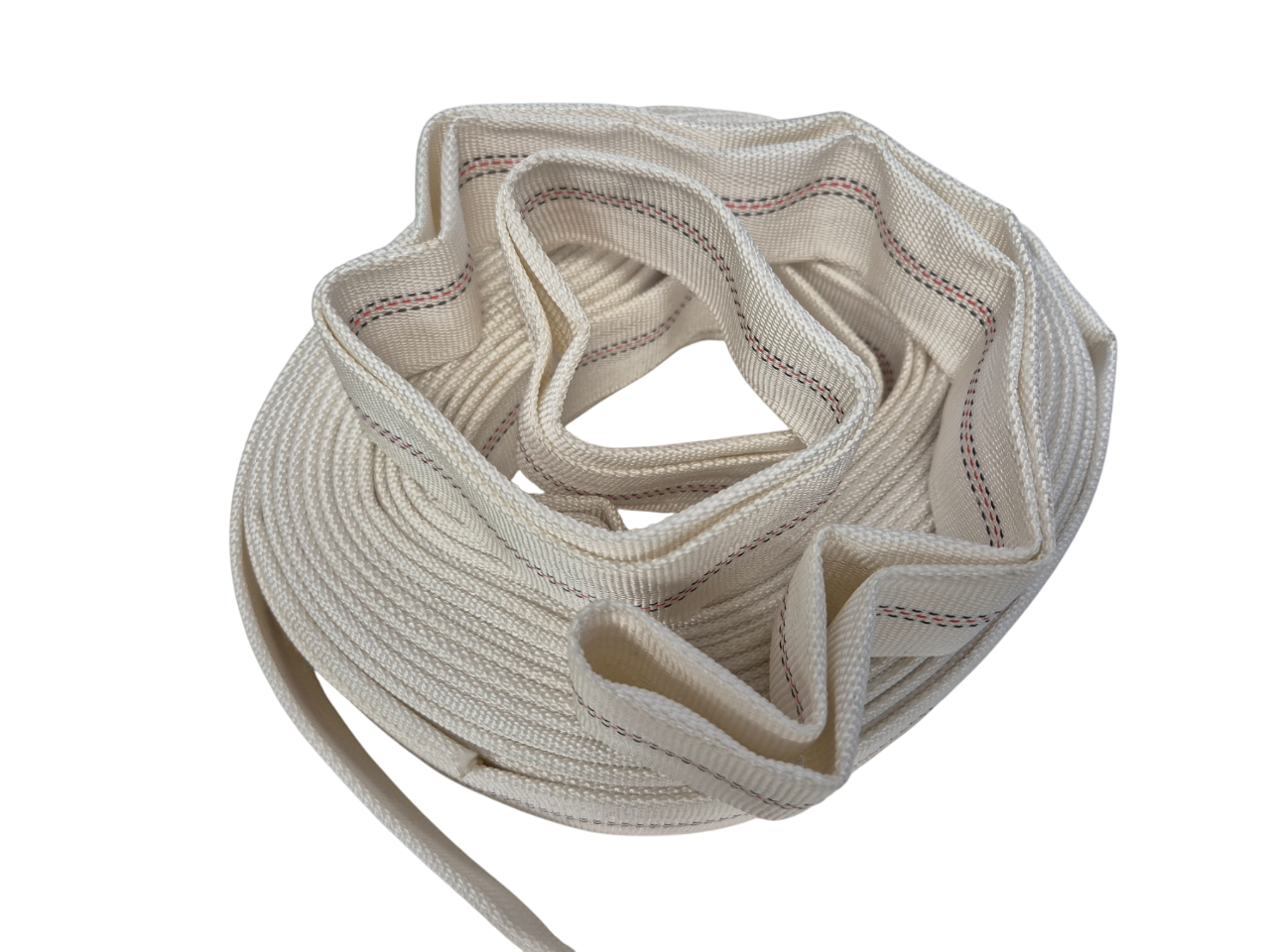 Rolled flat lay lined hose, cream/white; red and dark stitch edges visible
