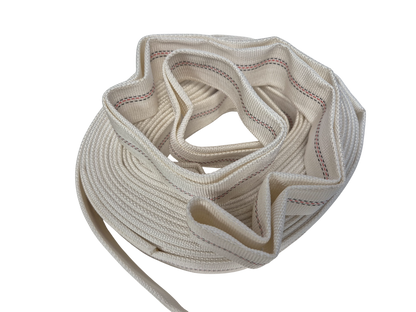 Rolled flat lay lined hose, cream/white; red and dark stitch edges visible