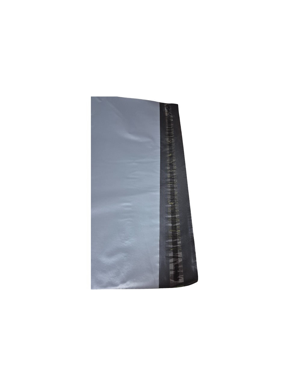 Gray poly mailing bag end view with black adhesive self-seal strip