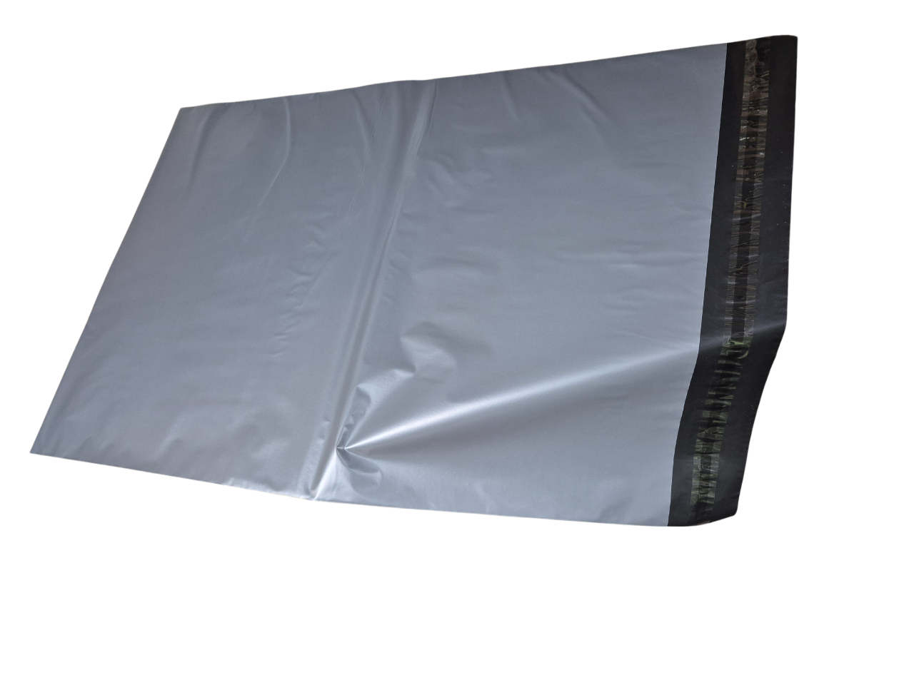 Gray poly mailing bag with black self-seal strip, partially opened