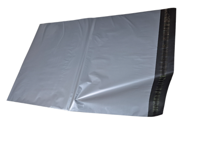Gray poly mailing bag with black self-seal strip, partially opened